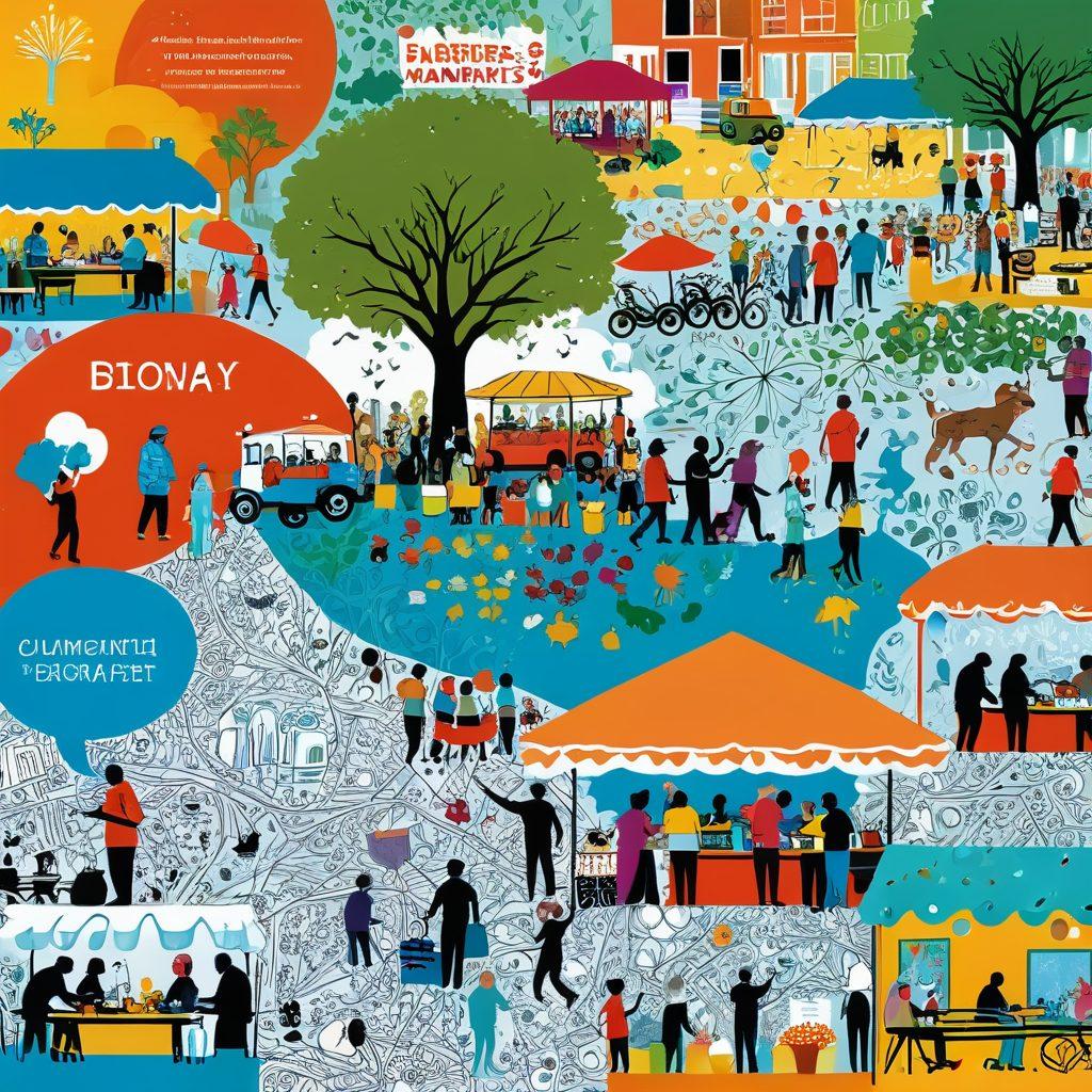 A dynamic collage of diverse community members engaging in various local activities, such as farmers' markets, art fairs, and neighborhood clean-ups. Include vibrant maps and chat bubbles symbolizing online connections and discussions about local blogging. The background should be filled with symbols representing different regions and cultures. super-realistic. vibrant colors. 3D.