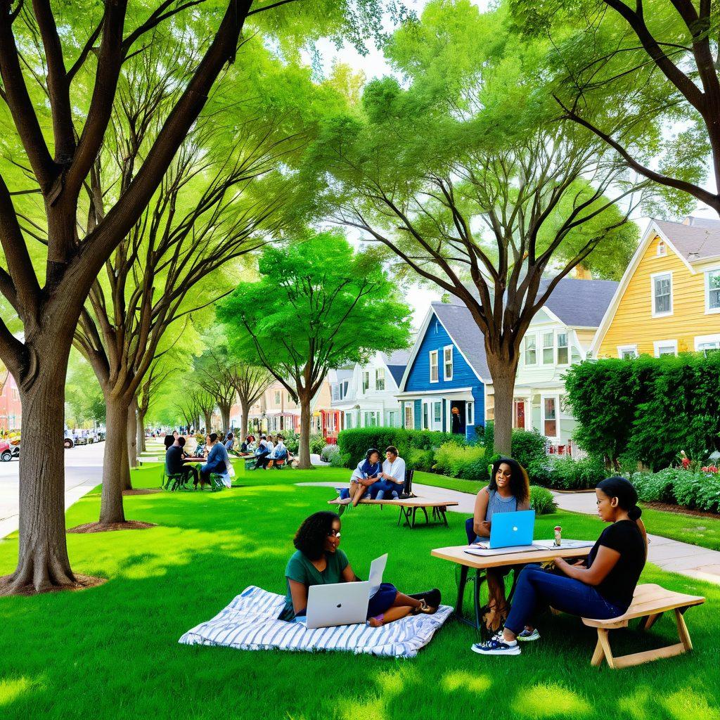 A cozy neighborhood scene featuring diverse bloggers of different backgrounds, sitting in a park with laptops and notebooks, sharing ideas and collaborating. Surround them with lush greenery and charming houses in the background, while showcasing a community board with pinned local events. The atmosphere should feel warm and inviting, emphasizing community engagement and creativity. bright colors. 3D.